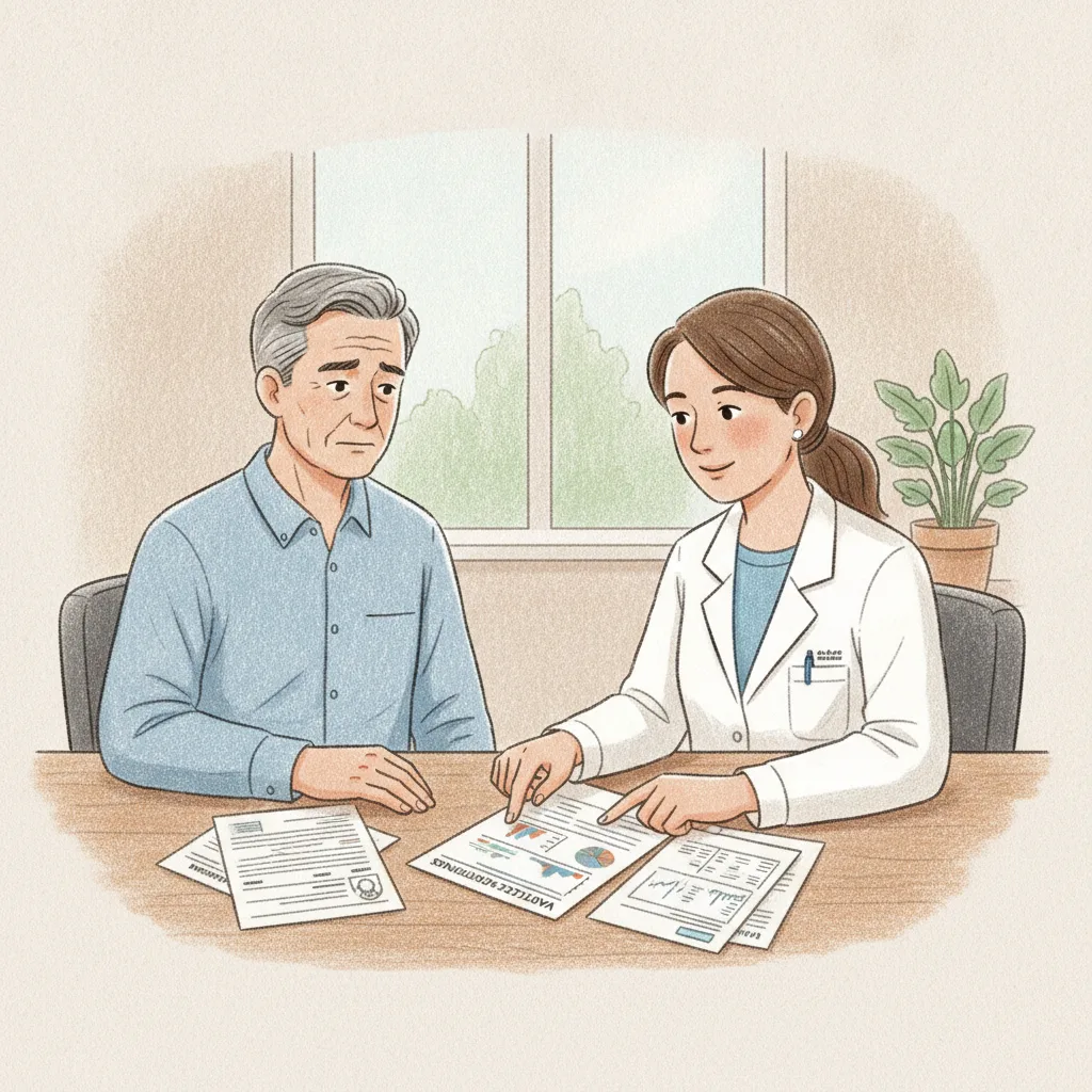 독감 백신을 맞고도 독감에 걸린 환자가 의사와 상담하며 백신-유행주 일치도와 예방 효과에 대해 논의하고 있다.<p style=