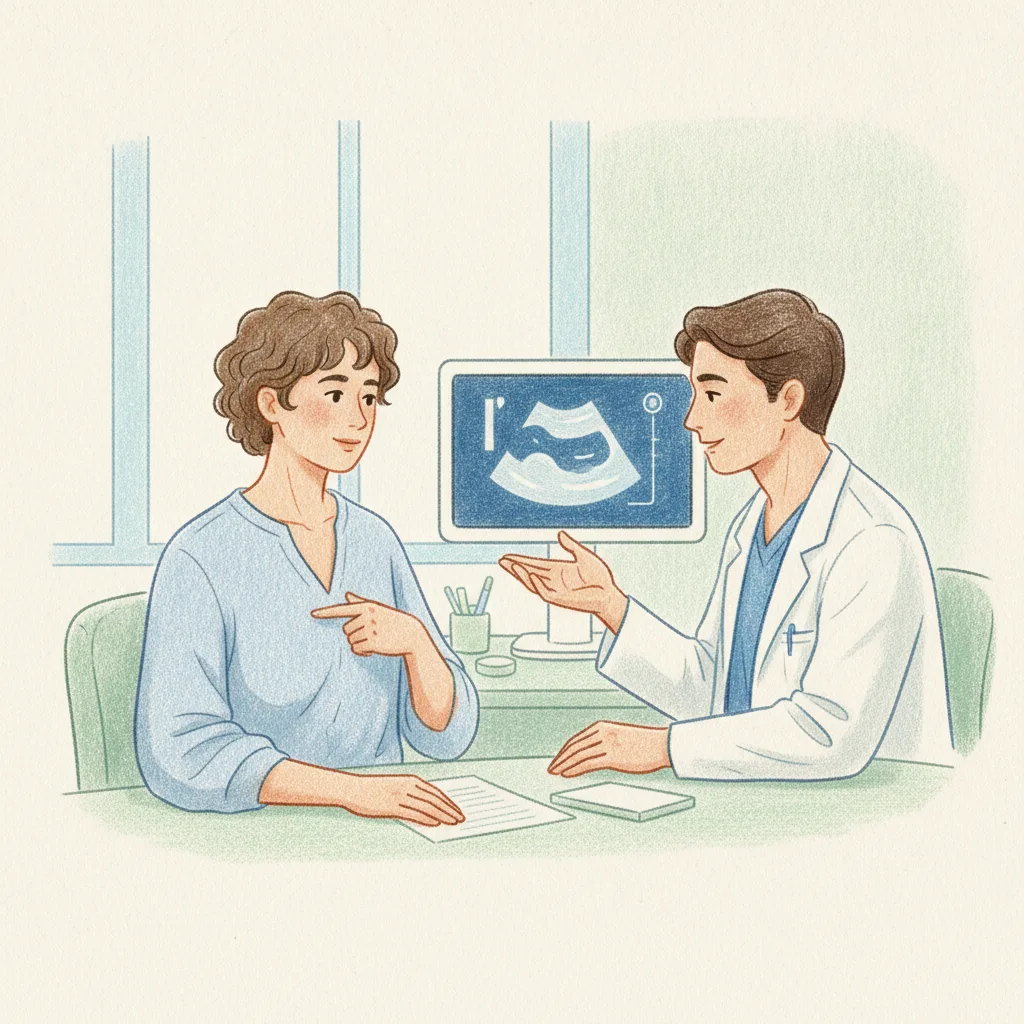 오른쪽 윗배 통증을 호소하는 환자가 의사와 상담하는 모습으로, 복부 초음파 검사를 고려해야 하는 상황을 보여준다.<p style=