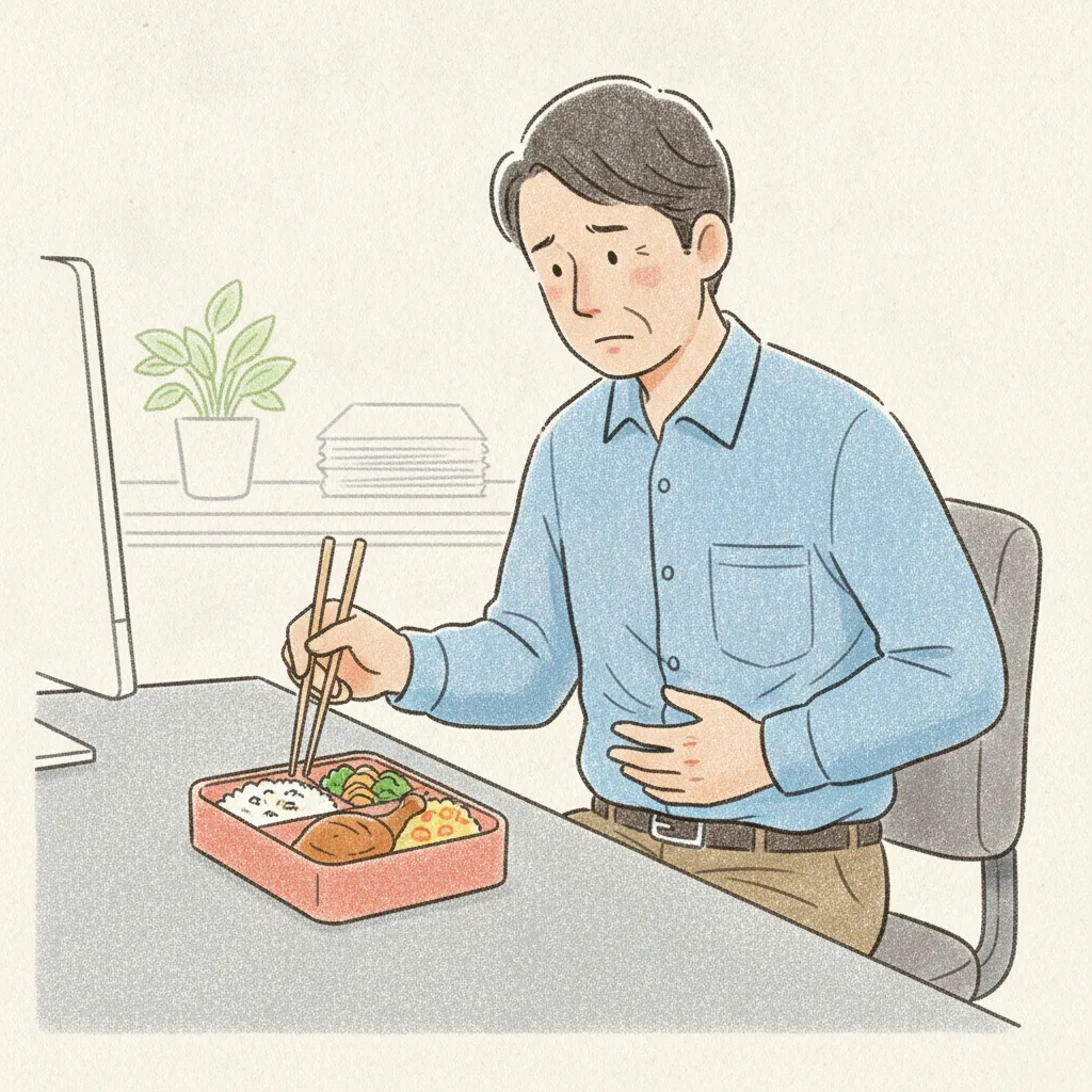 밥을 먹은 후 명치 답답함을 느끼는 직장인의 모습으로, 상복부 소화불량 증상을 보여줌.<p style=